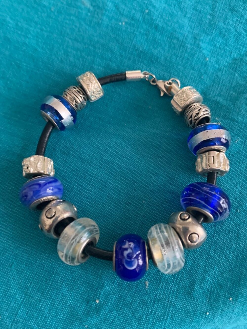 Blue & White Murano-Style Glass Bead Bracelet | Silver Charm Bracelet | 8”